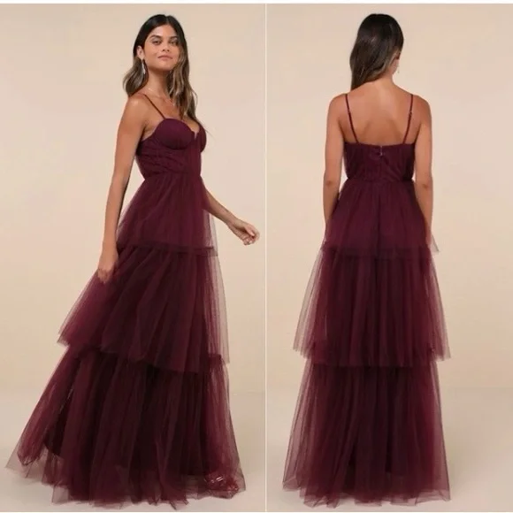 Lulus Unforgettable Poise Tulle Bustier Tiered Maxi Dress, Plum Purple, XS, NWT - Picture 2 of 15